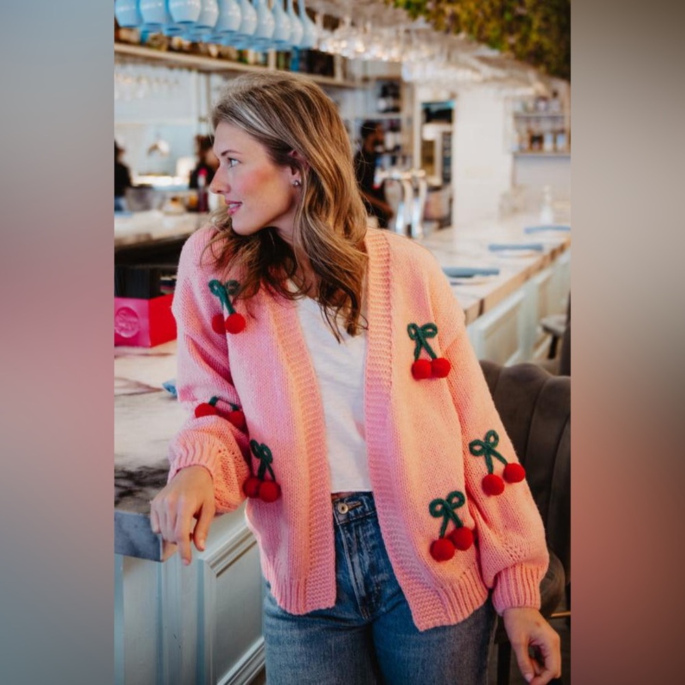 NWT Luna Ivy Pink 3D Cherry Cardigan Sweater – Size S